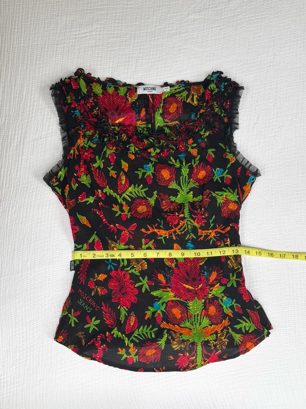 Rare Vintage Moschino Jeans Ruffle Short Sleeve Wool Floral Boatneck Blouse - Picture 5 of 7